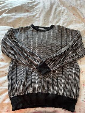 Vintage 100% Cotton Men's Black & White Vertical Stripe Crewneck Sweater